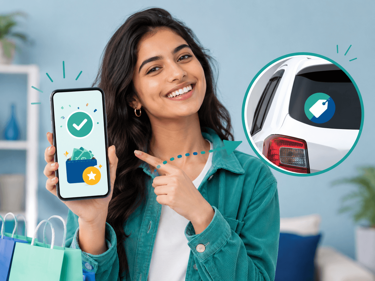 A shopper earning cashback online and opting in to receive a branded vehicle sticker.