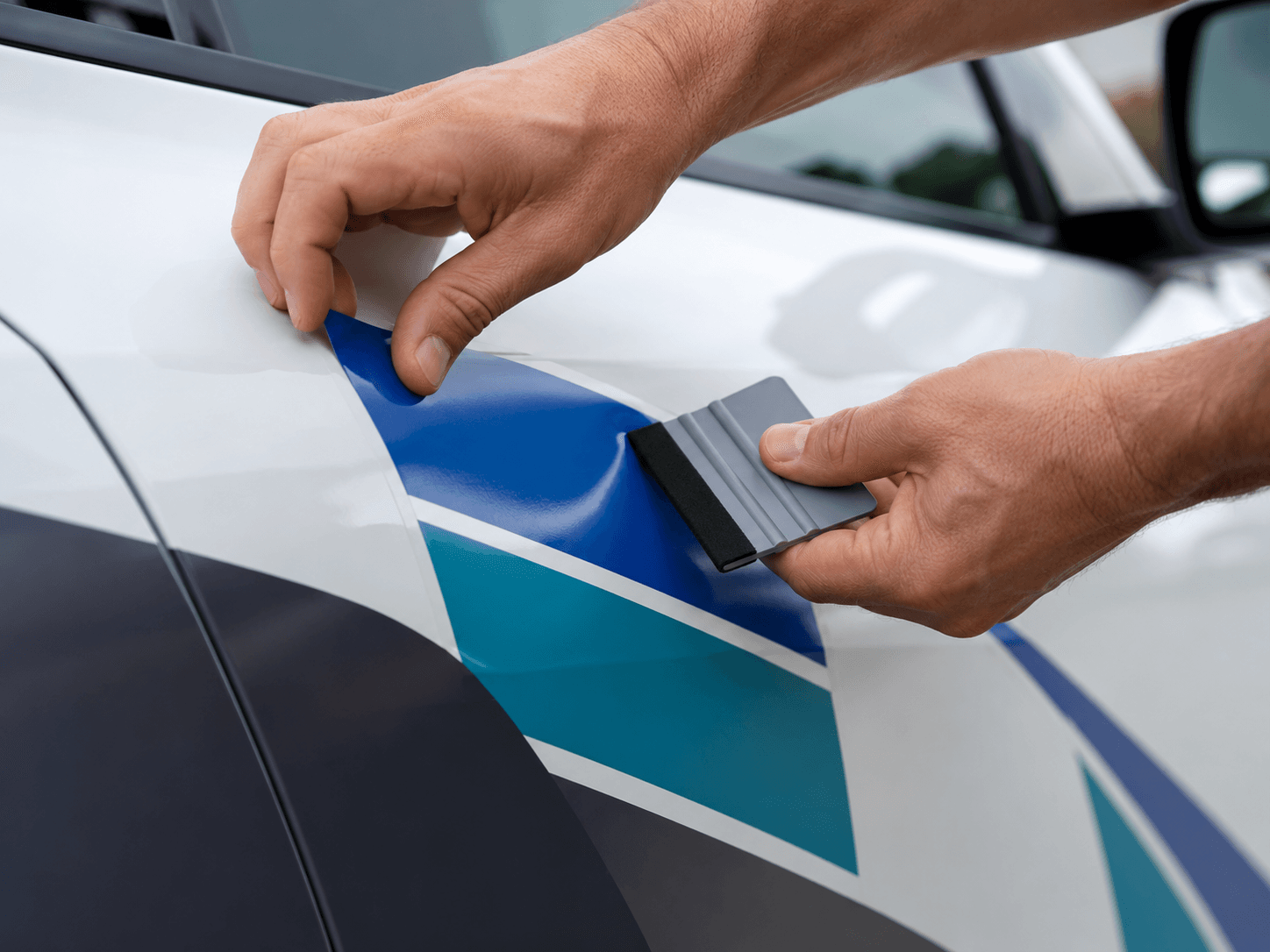 A branded vinyl sticker being applied to the body of a vehicle.