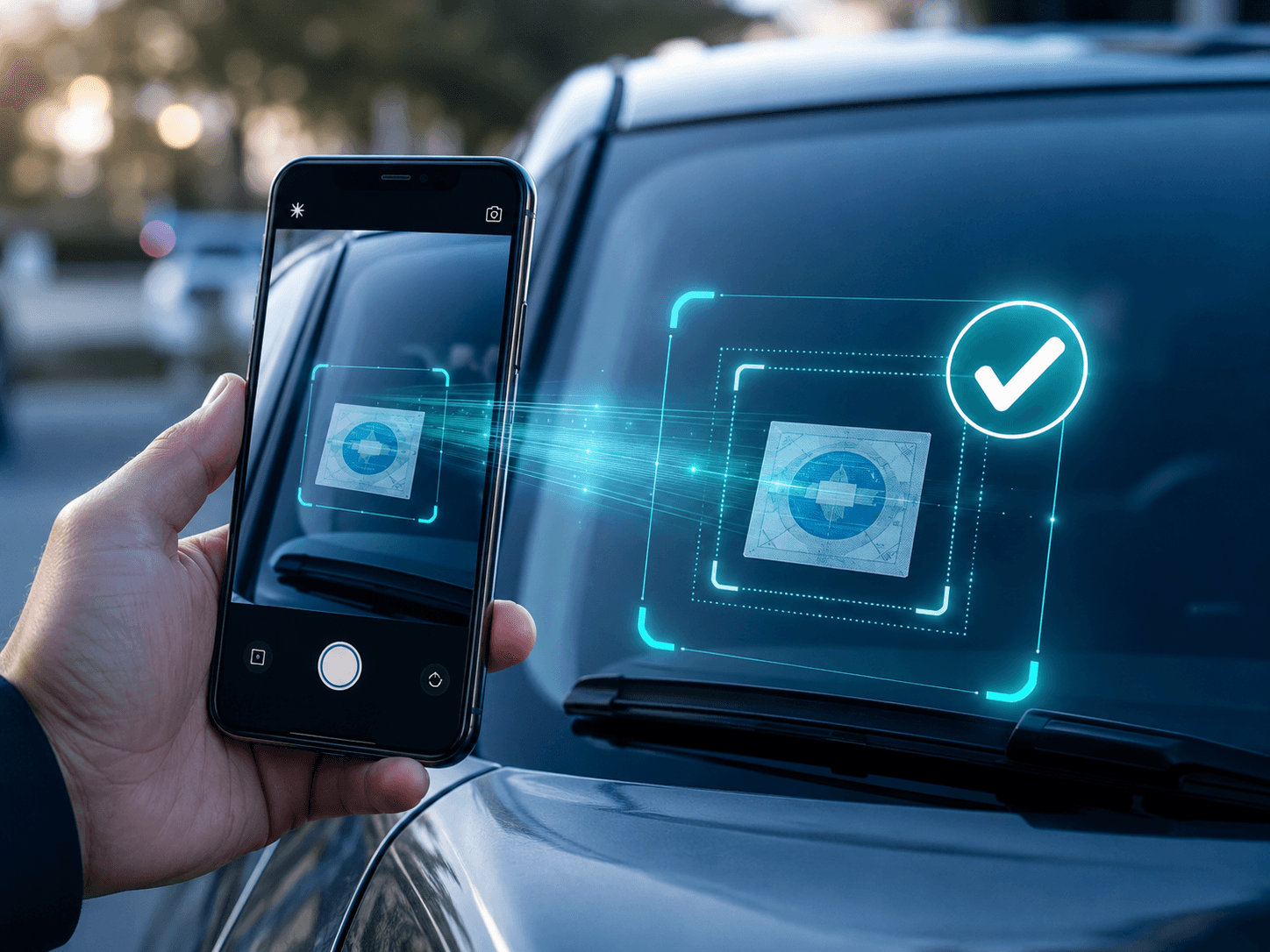 An AI computer-vision system analyzing a photo to verify a deployed vehicle sticker.