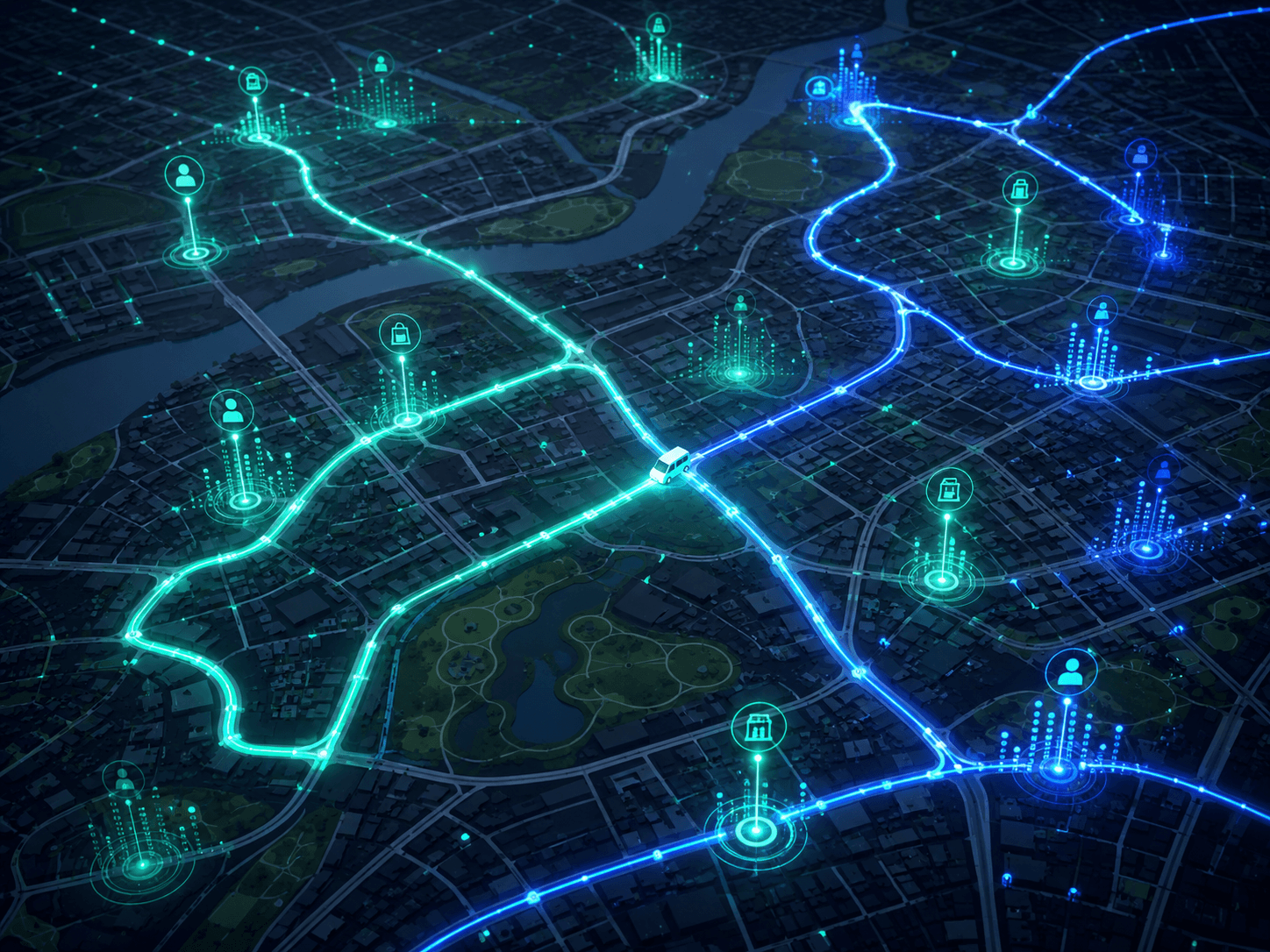 A city map and movement data being used to quantify offline sticker impressions.